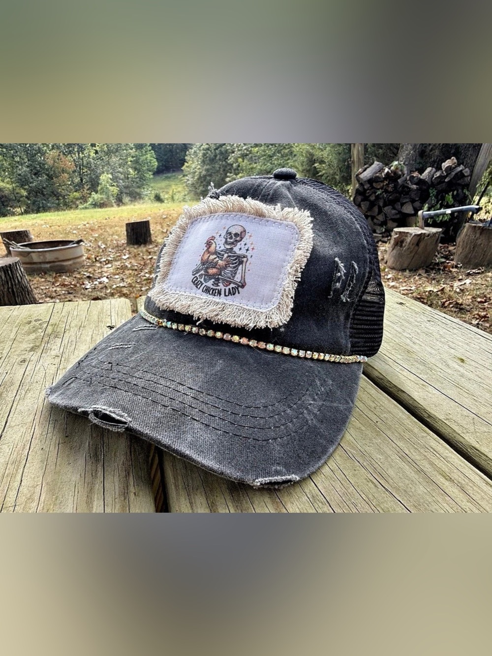 Custom Boutique "Crazy Chicken Lady" Distressed Trucker Hat | Messy Bun Pony Cap